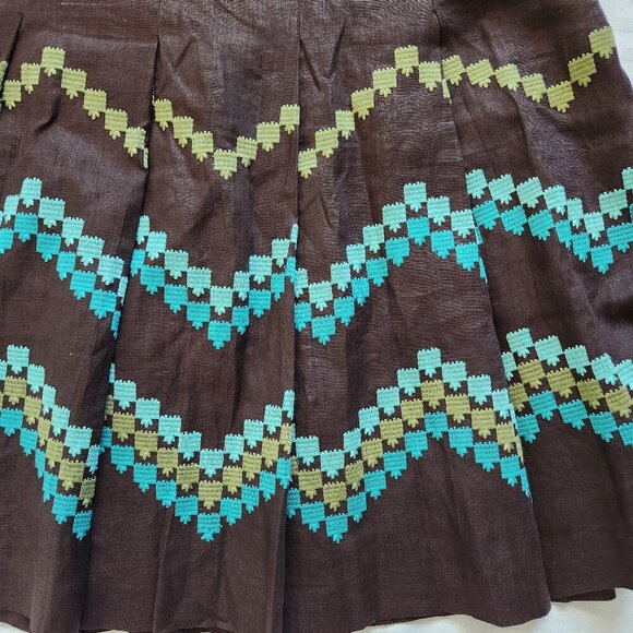 Ann Taylor Loft 100% Linen Skirt Size 10 Brown Pleated Embroidered Lined Preppy - Picture 2 of 4